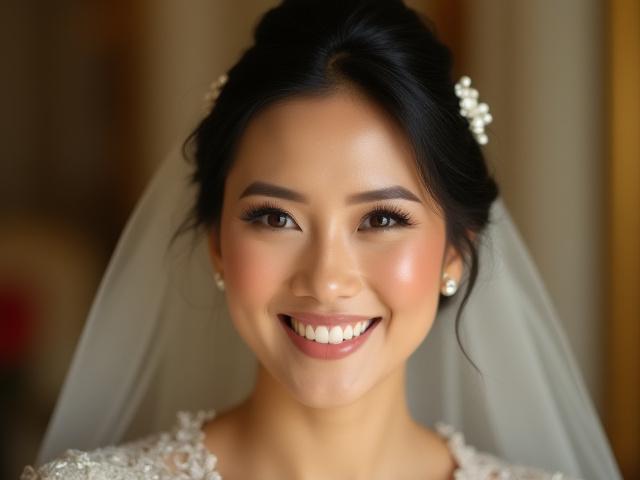 Model pengantin dengan solekan dan gaya rambut yang sempurna.