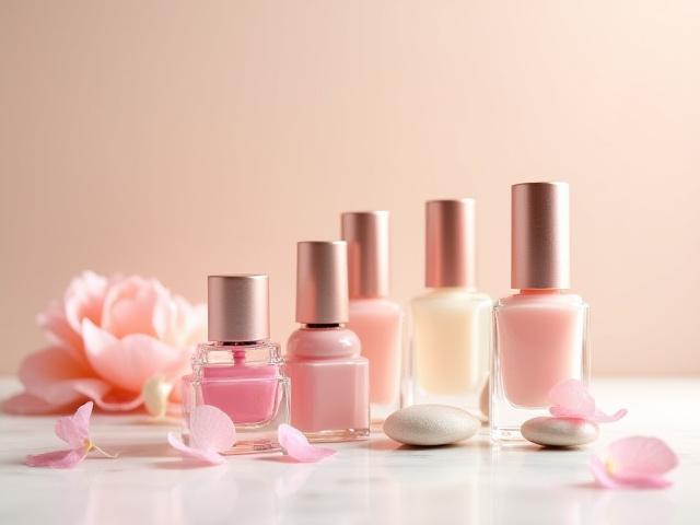 Barisan botol pengilat kuku premium dan losyen tersusun cantik