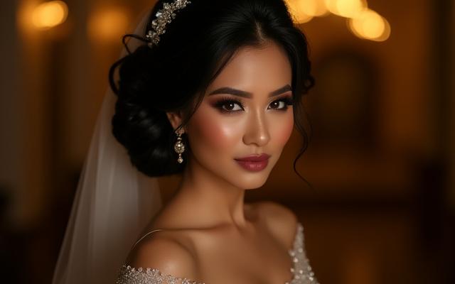 Pandangan penuh pengantin Melayu dalam busana bersulam mewah, solekan 'smokey eye' dan bibir nude berkilat.