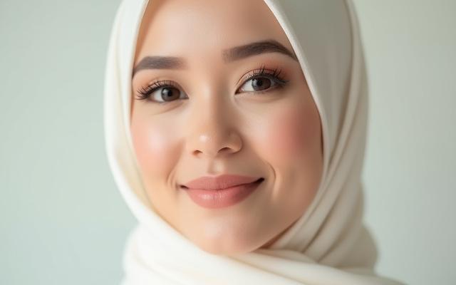 Pengantin muslimah dengan hijab yang elegan disolek dengan sempurna, senyum manis.