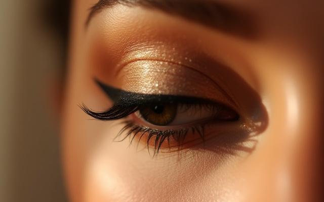 Close-up solekan mata pengantin dengan glitter lembut dan bulu mata palsu, memancarkan seri.