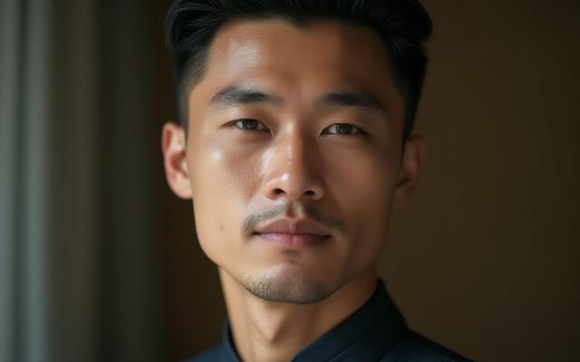 Close-up pengantin lelaki yang kemas dan berkarisma, rambut disisir rapi.