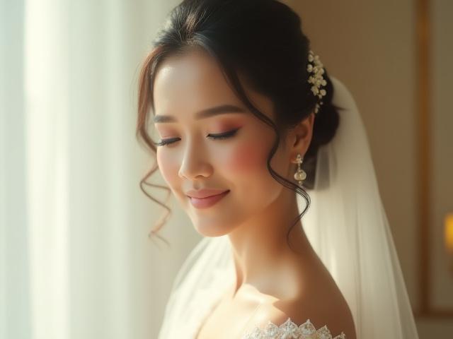 Seorang pengantin Melayu dalam solekan dan dandanan rambut yang mewah, memancarkan seri kebahagiaan.
