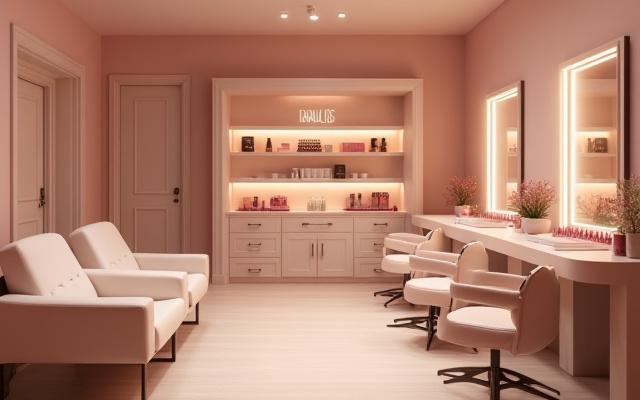 Bar kuku yang elegan dengan meja dan kerusi yang selesa.