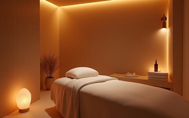 Bilik rawatan peribadi yang tenang, dihiasi dengan pencahayaan lembut.