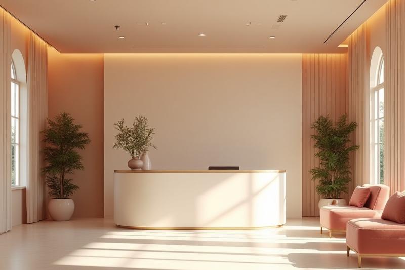 Interior studio Aisya Tundra yang anggun dan menenangkan, menampilkan ruang resepsi yang bersih dan cerah.