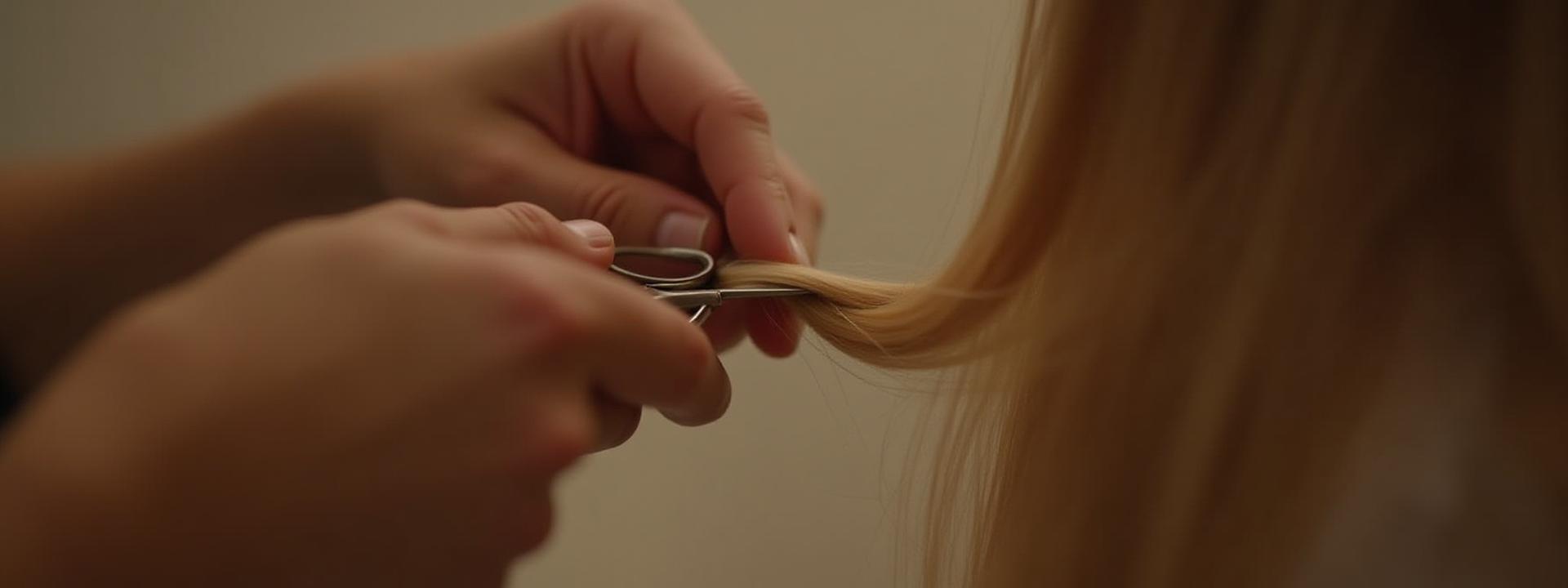 Close-up seorang penggaya rambut memotong rambut dengan teliti