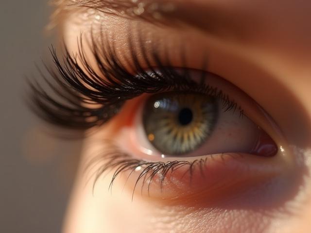 Close-up sambungan bulu mata volume yang lebat dan lentik pada seorang wanita.