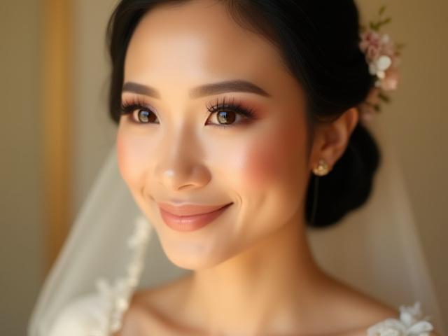 Solekan pengantin lembut dan semula jadi dengan rona pastel, menonjolkan kecantikan asli.