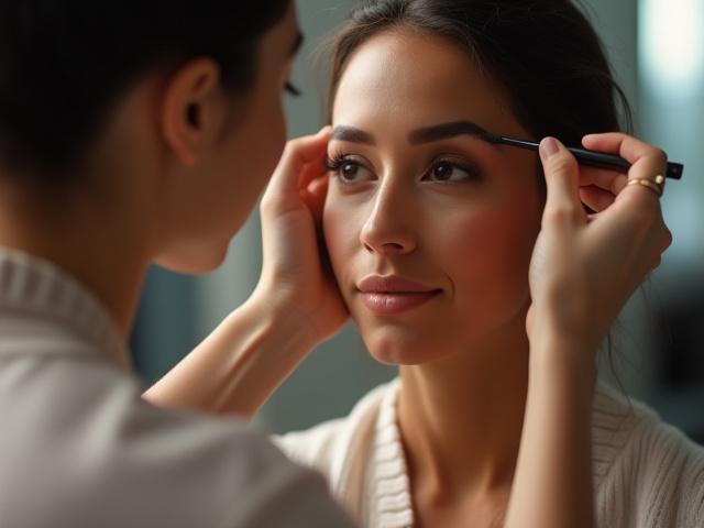 Seorang artis solek profesional mengaplikasikan solekan pada pelanggan dengan berhati-hati.