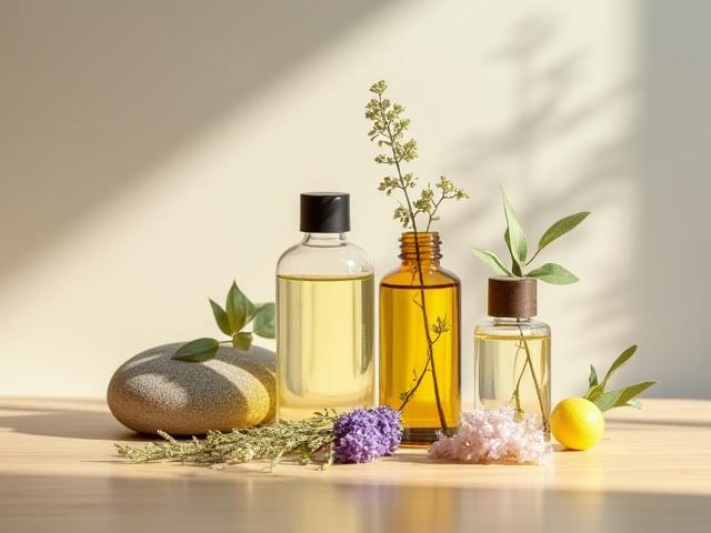 Pelbagai botol minyak pati berwarna-warni diletakkan di atas meja kayu dengan bunga-bunga kering dan daun-daun hiasan, menonjolkan suasana semulajadi dan menenangkan.