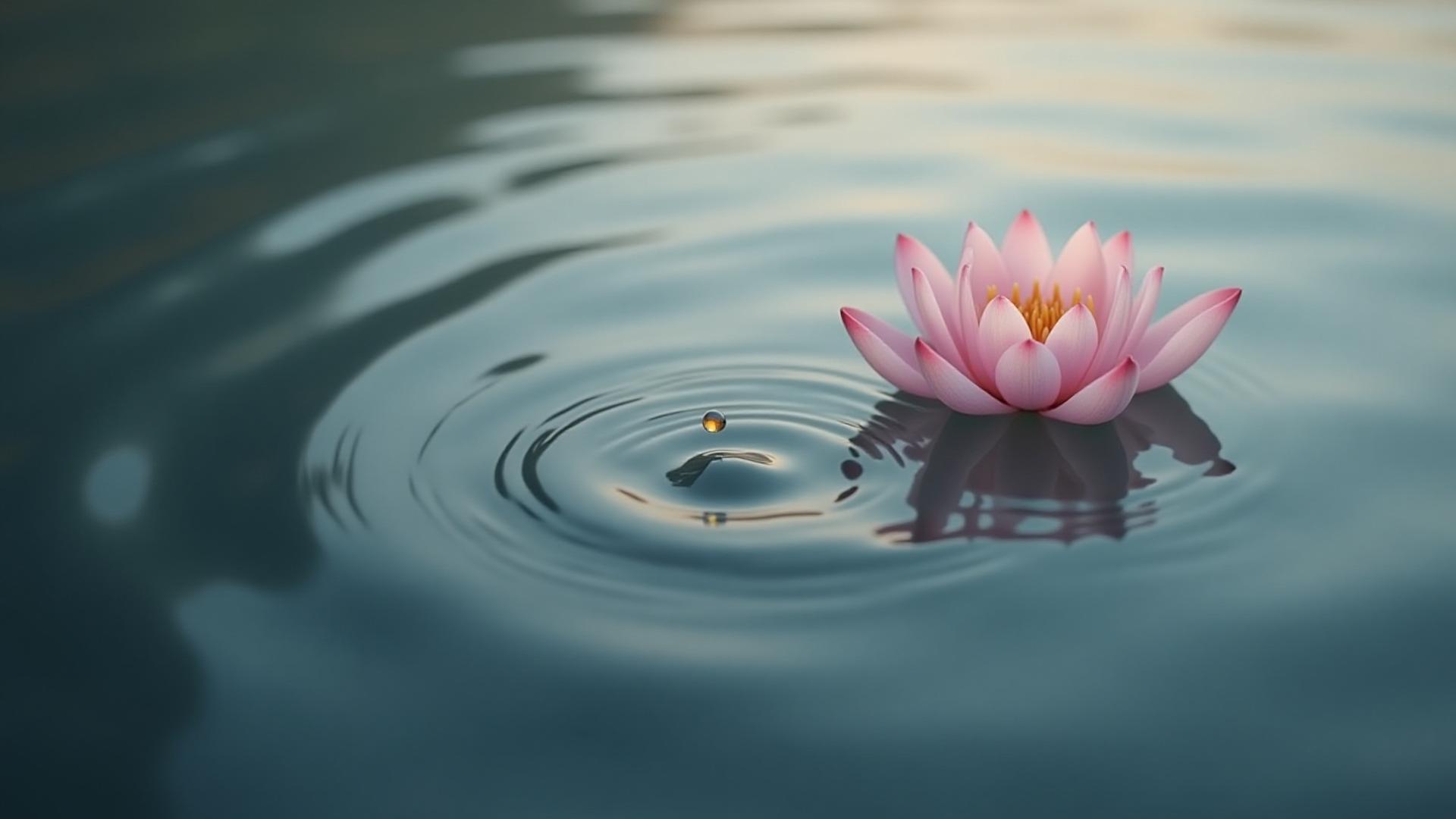 Permukaan air kolam yang tenang dengan bunga teratai dan titisan minyak pati jatuh ke dalam air, simbol meditasi dan ketenangan.