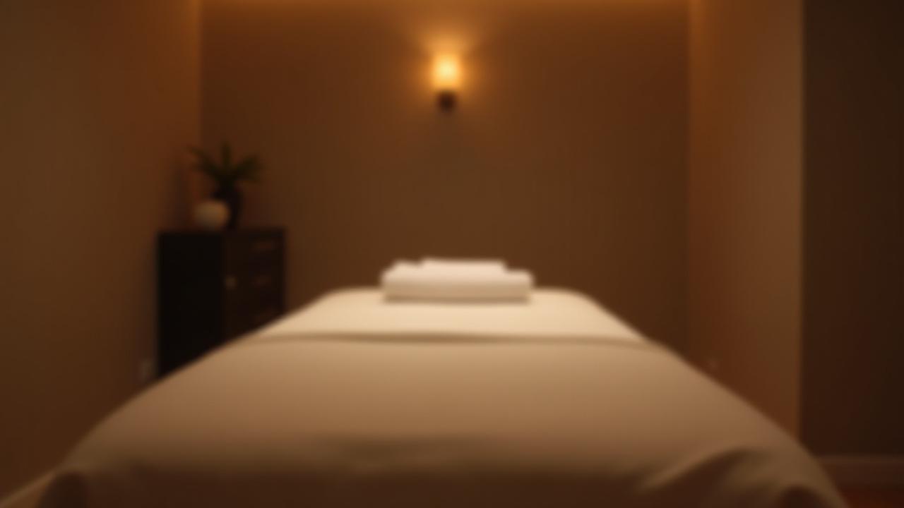 Bilik rawatan urut yang bersih dan redup dengan katil urut yang selesa, tuala putih yang dilipat rapi, dan hiasan minimalis yang menenangkan.