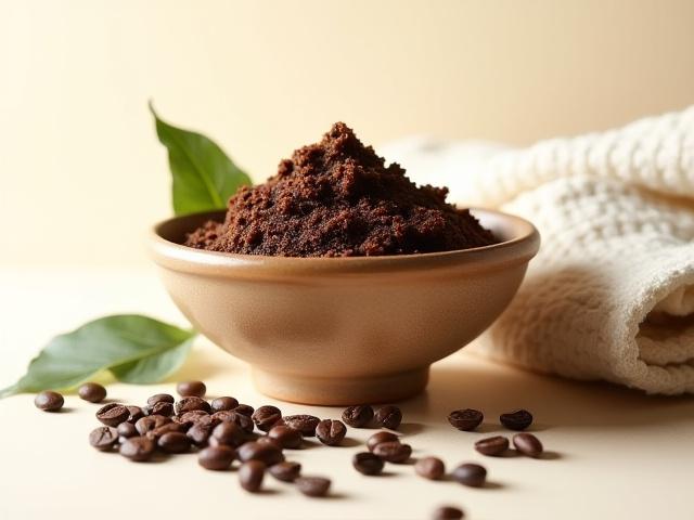 Mangkuk berisi skrub kopi aromatik dengan biji kopi dan daun hijau
